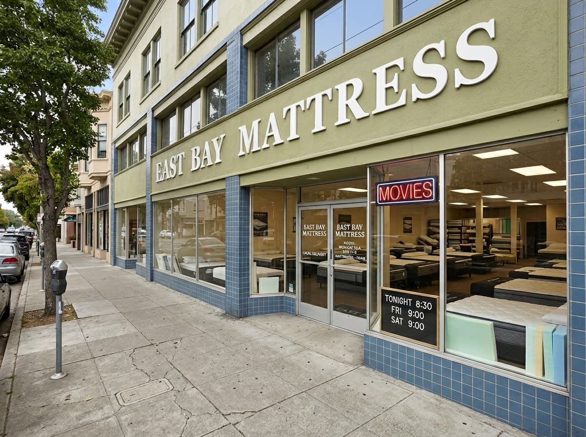 East Bay Mattress storefront — angled view, full building sign, showroom floor visible through windows