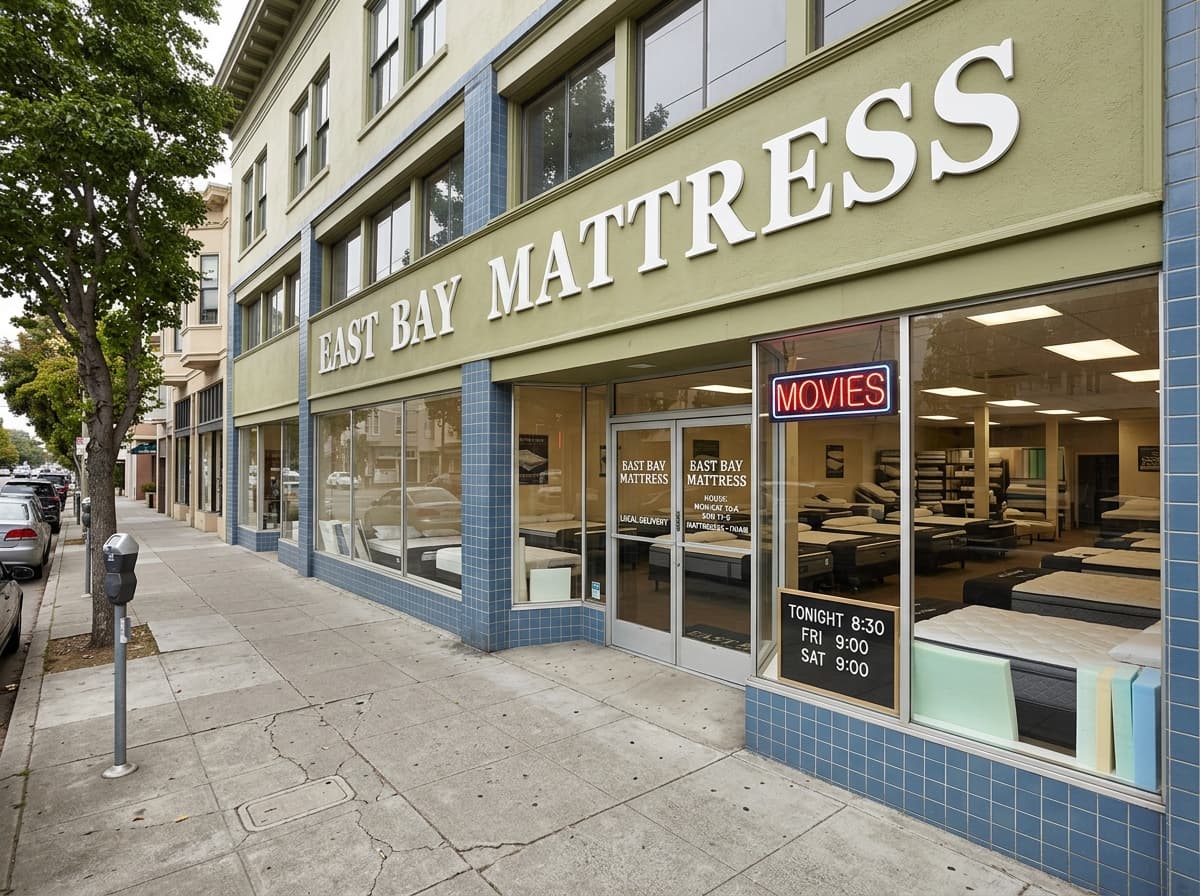 East Bay Mattress storefront on San Pablo Ave, Berkeley — showroom windows, East Bay Mattress sign