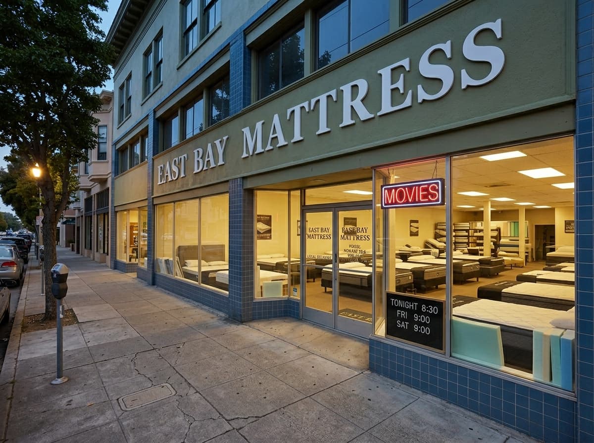 East Bay Mattress at dusk — MOVIES neon sign lit in window, showtime board visible, mattress showroom interior glowing warm